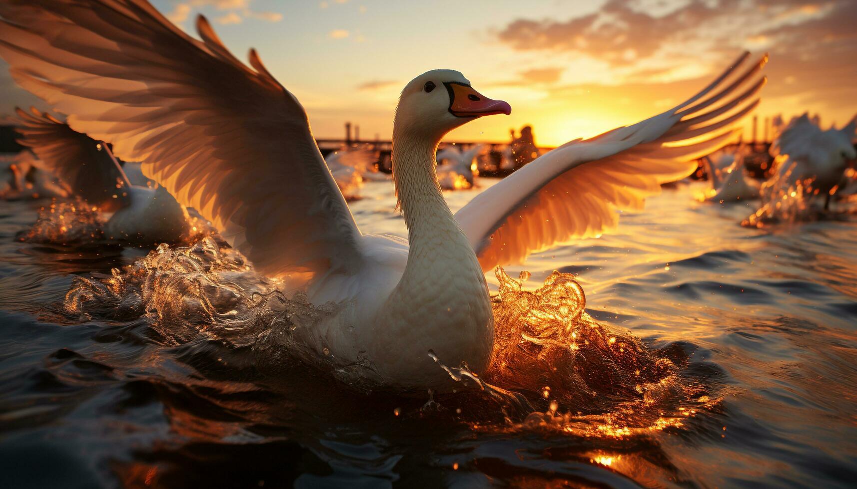 zwaan vliegend over- water, reflecterend schoonheid in natuur rustig tafereel gegenereerd door ai foto