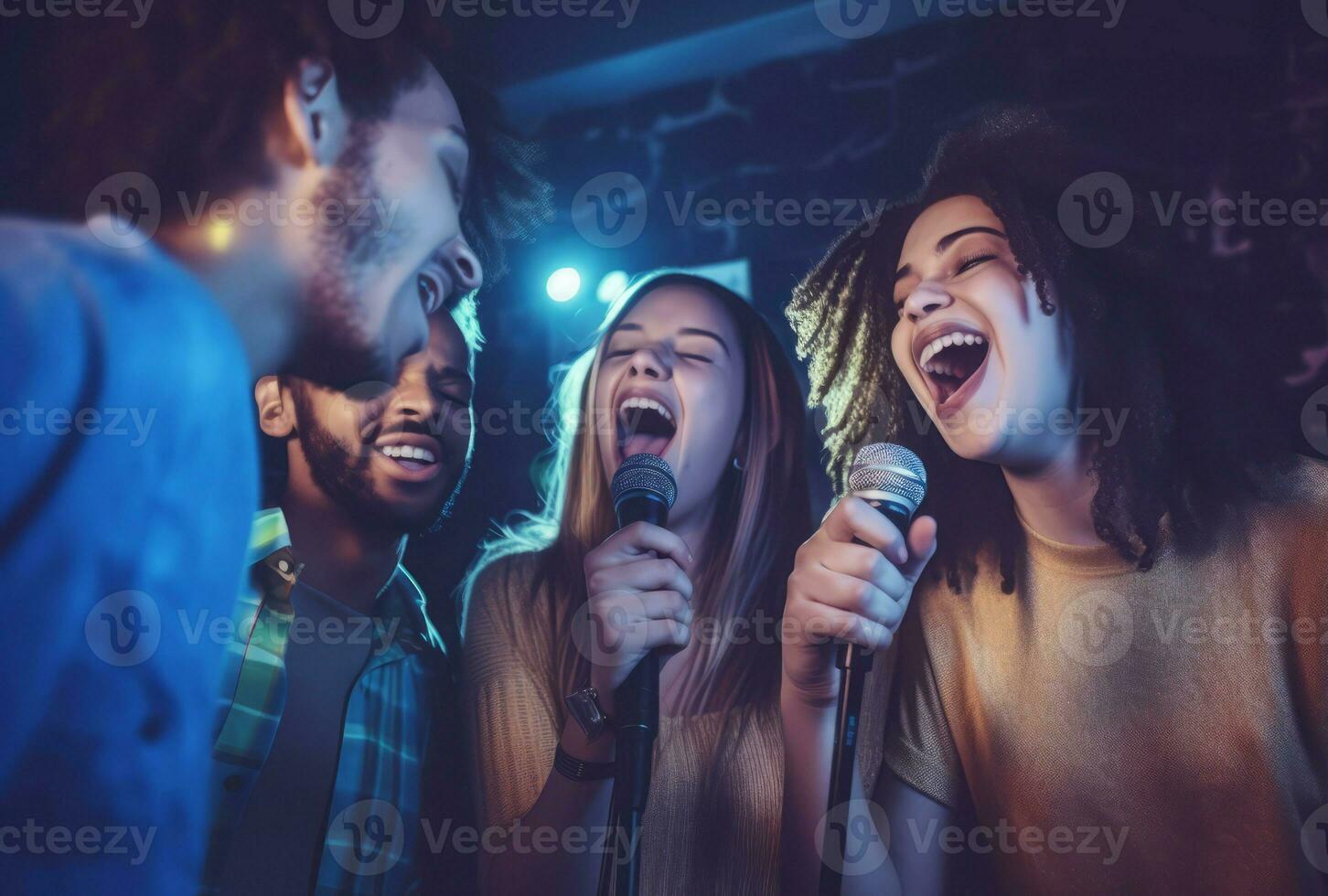 karaoke vrienden het zingen feest. genereren ai foto