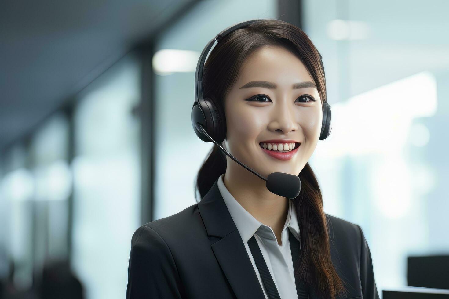 portret van een mooi Aziatisch klant onderhoud exploitant, telefoontje centrum arbeider pratend door koptelefoon met klant in modern kantoor. foto