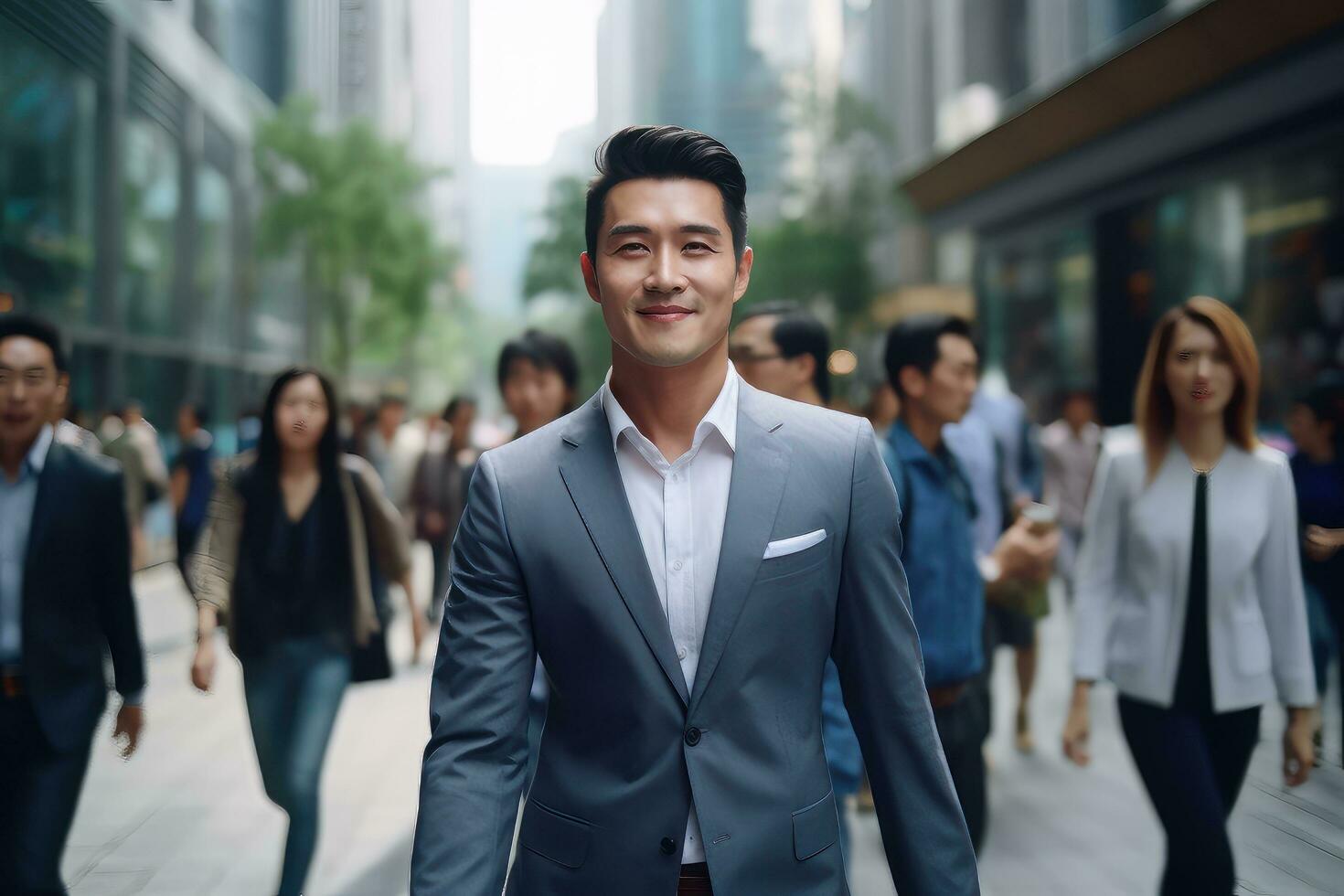 Aziatisch zakenman wandelen in modern stad, knap Mens wandelingen Aan een druk voetganger straat, Aziatisch manager omringd door vervagen mensen Aan bezig straat. foto