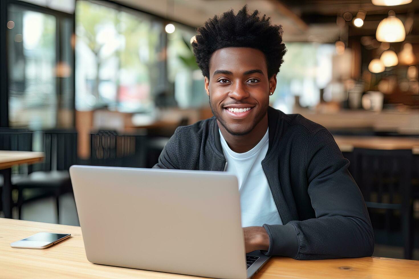 portret van vrolijk zwart mannetje leerling aan het leren online in koffie winkel, jong Afrikaanse Amerikaans Mens studies met laptop in cafe, aan het doen huiswerk foto