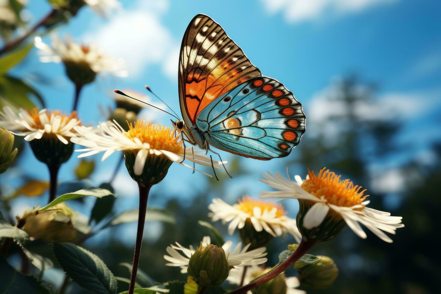 mooi vlinder omringd door bloemen en bladeren blauw lucht achtergrond. generatief ai foto