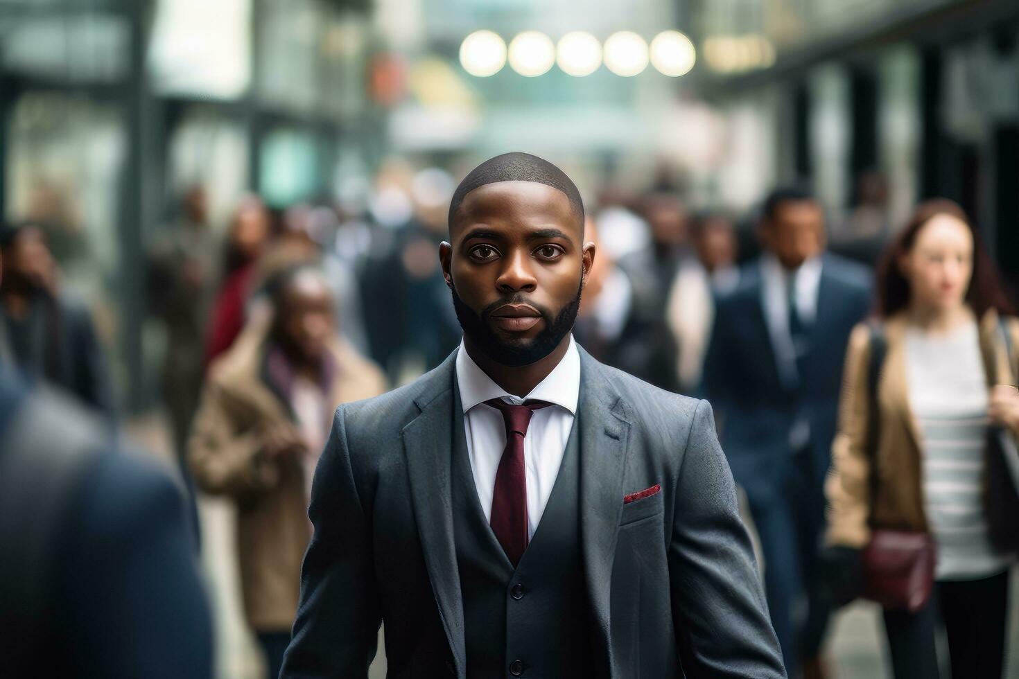 zwart zakenman wandelen in modern stad, knap Mens wandelingen Aan een druk voetganger straat, Afrikaanse manager omringd door vervagen mensen Aan bezig straat. foto