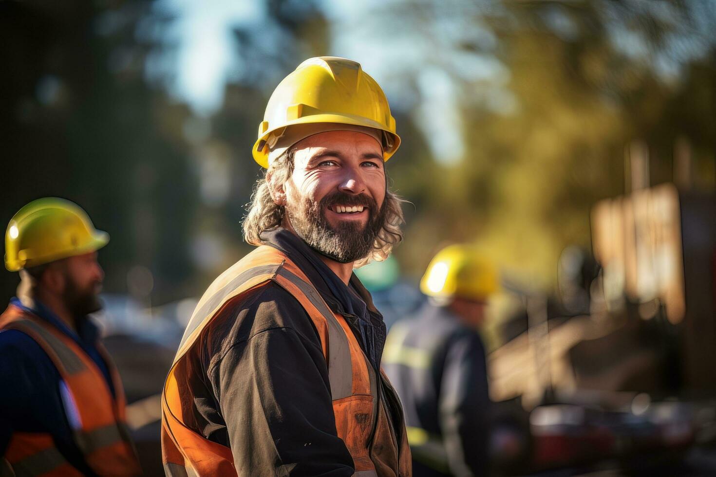 portret van vrolijk arbeiders vervelend veiligheid uniform, bouw bouwkunde werken Aan gebouw bouw plaats, merkt op en controle de project. foto