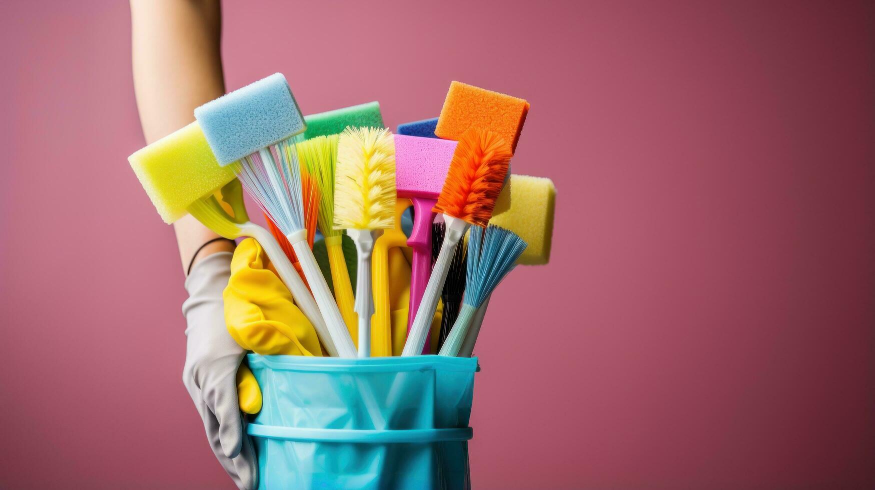 hand- Holding een dweilen met schoonmaak producten foto