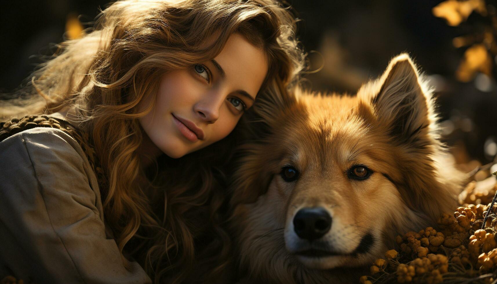 glimlachen vrouw omarmt schattig puppy buitenshuis, genieten van natuur schoonheid gegenereerd door ai foto
