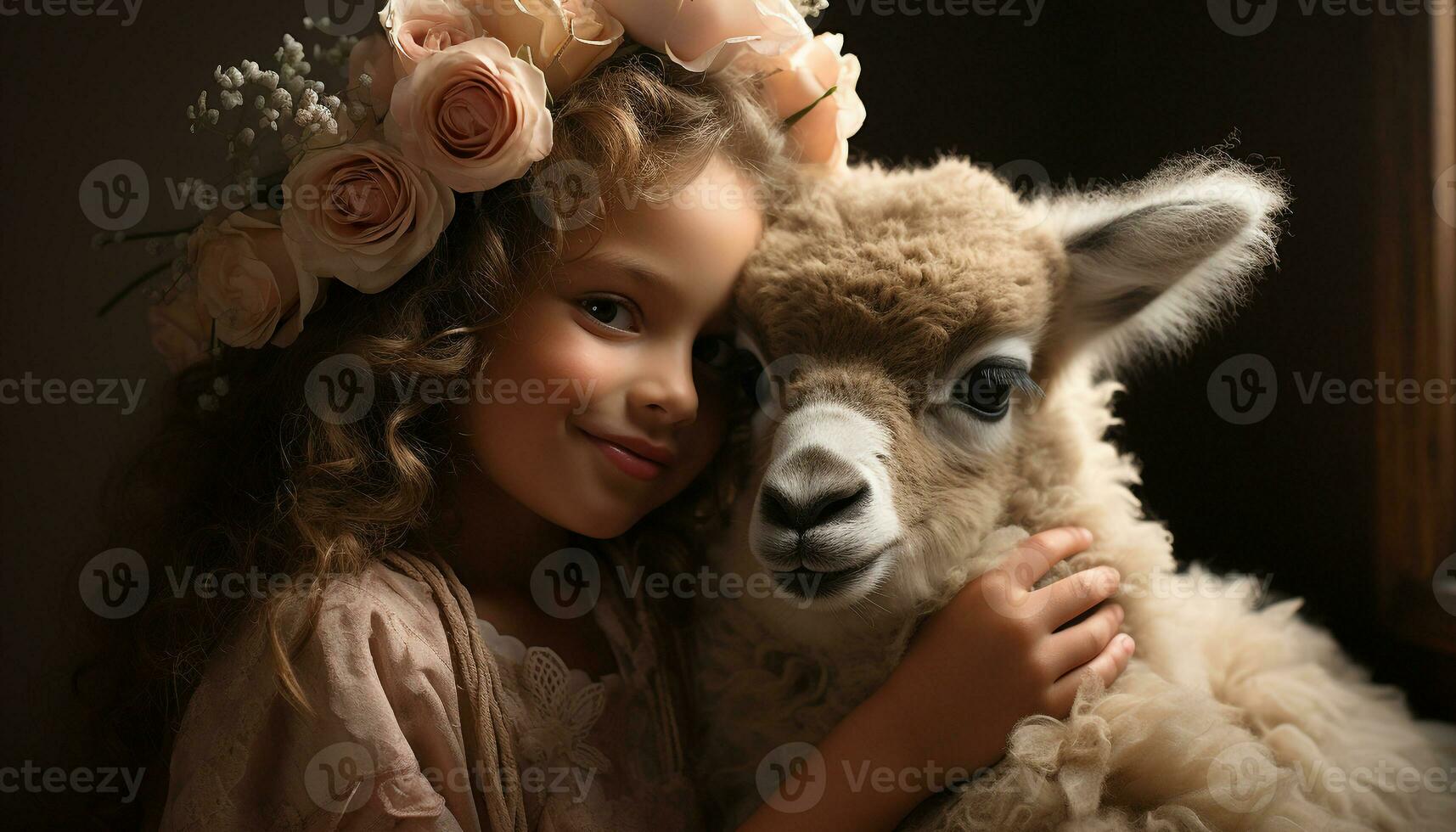 een schattig kind lachend, op zoek Bij camera, omringd door dieren gegenereerd door ai foto