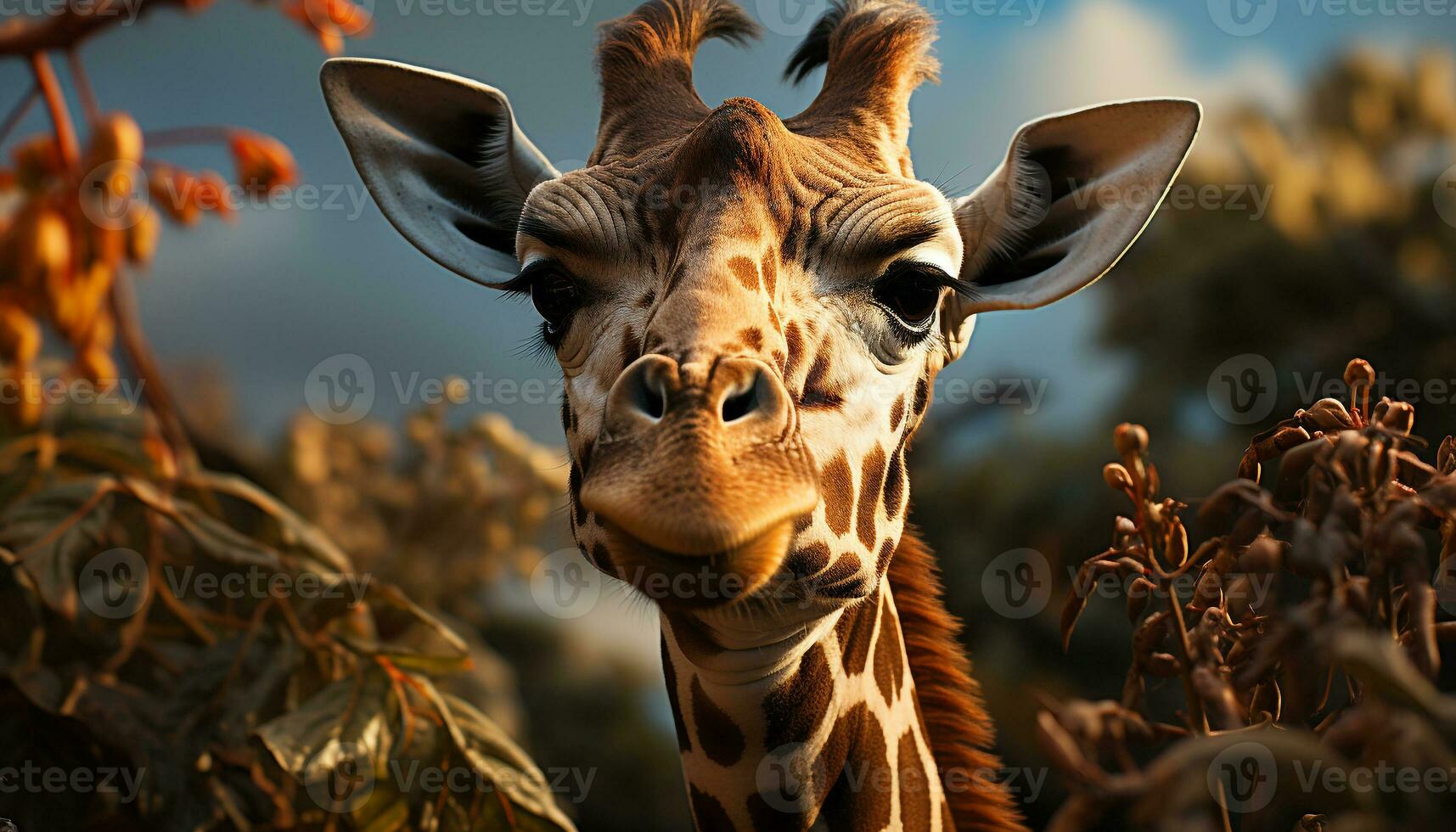 giraffe begrazing in de savanne, op zoek Bij camera gegenereerd door ai foto