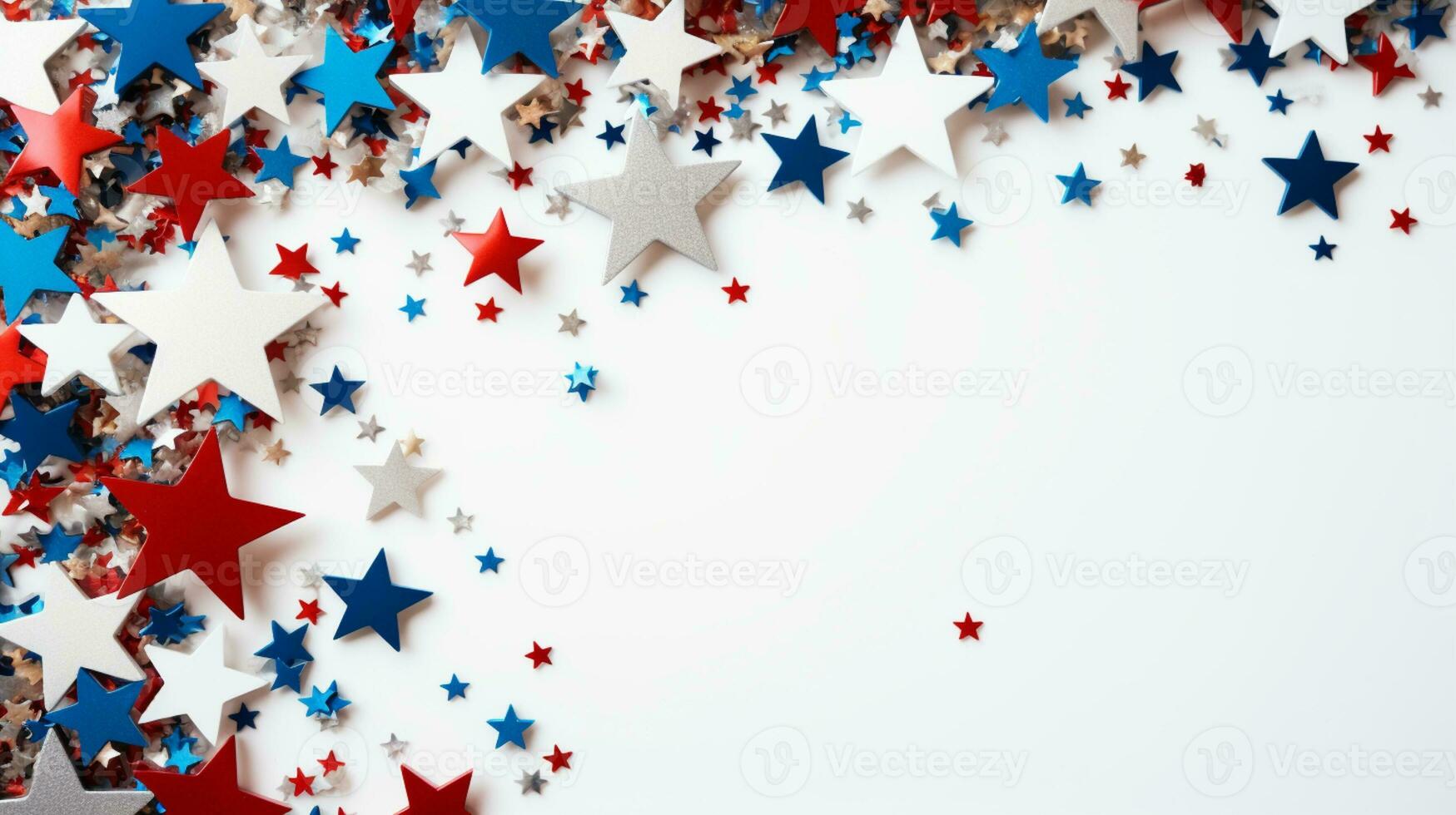 4e van juli achtergrond, Verenigde Staten van Amerika presidenten dag, onafhankelijkheid dag, gedenkteken dag, ons verkiezing concept. rood wit en blauw papier fans met sterren confetti. vlak leggen, top visie, banier generatief ai foto