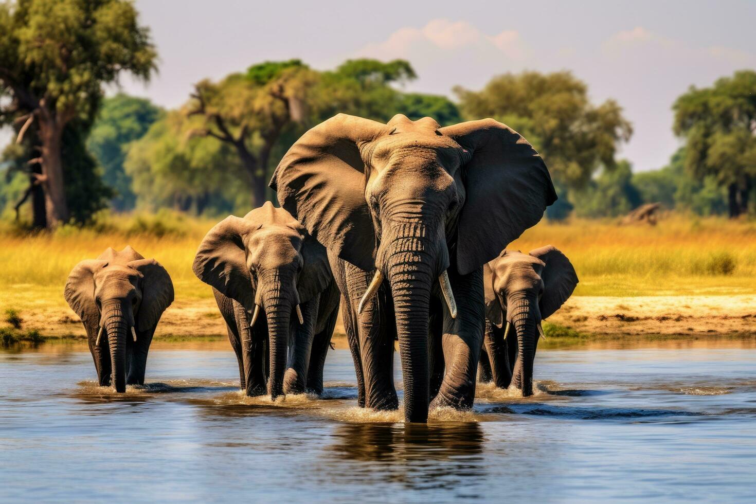 olifanten in chobe nationaal park, Botswana, Afrika, olifanten baden in de rivier, Chiang mei, Thailand, ai gegenereerd foto
