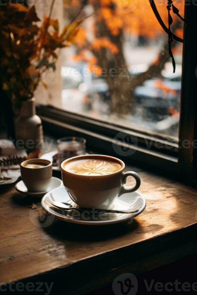 een kop van koffie, cappuccino Aan een tafel in een cafe. kaars, knus foto