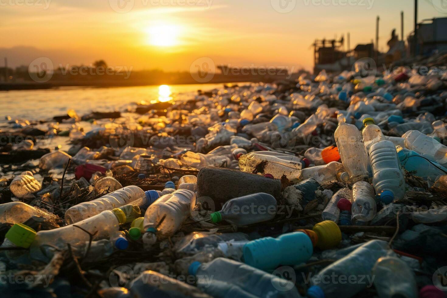 vervuild zee of oceaan kust gedekt met vuilnis en plastic flessen foto