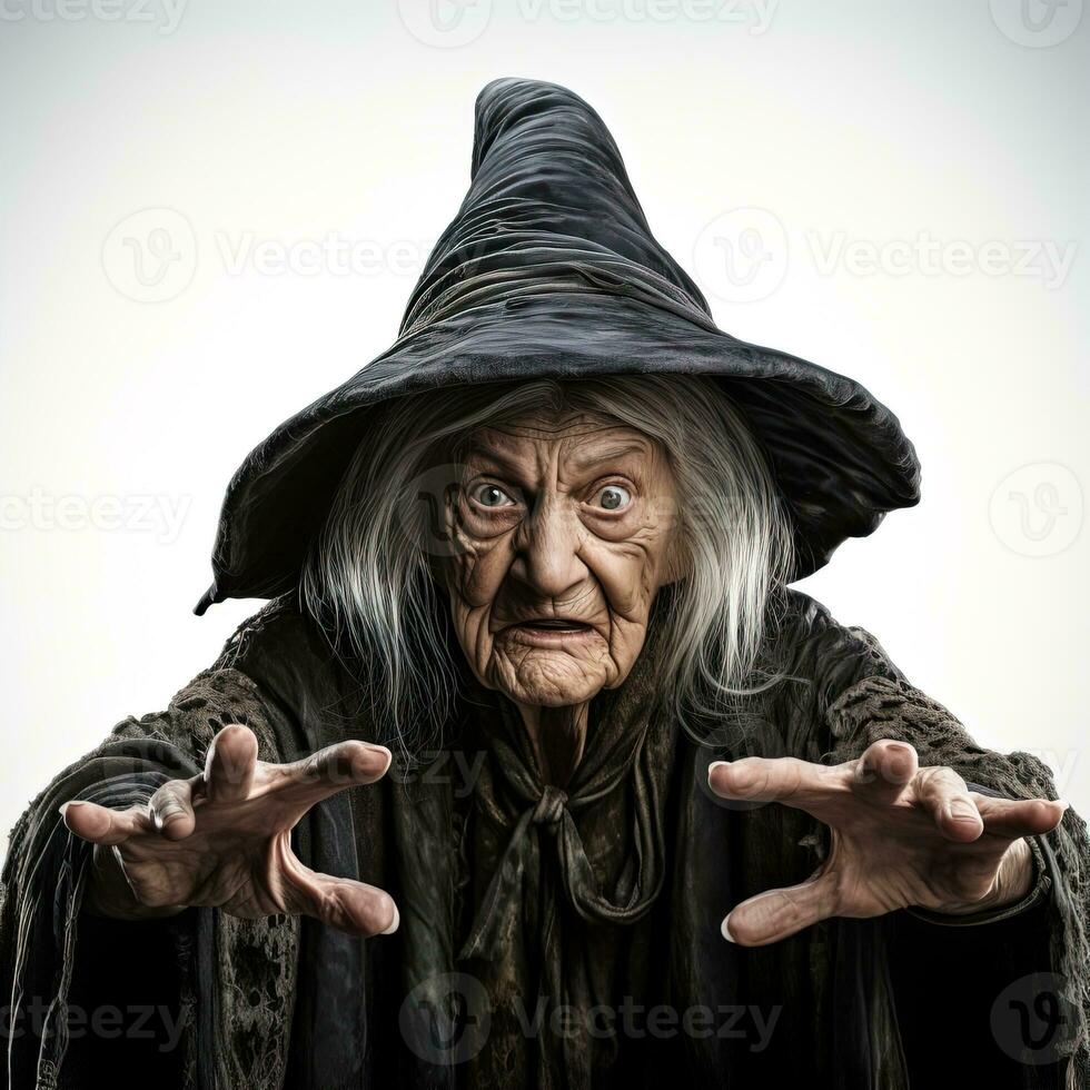 een ouderen grijs haren gerimpeld heks in een zwart kleding geïsoleerd Aan wit afgietsels een spellen Aan de kijker. halloween concept foto