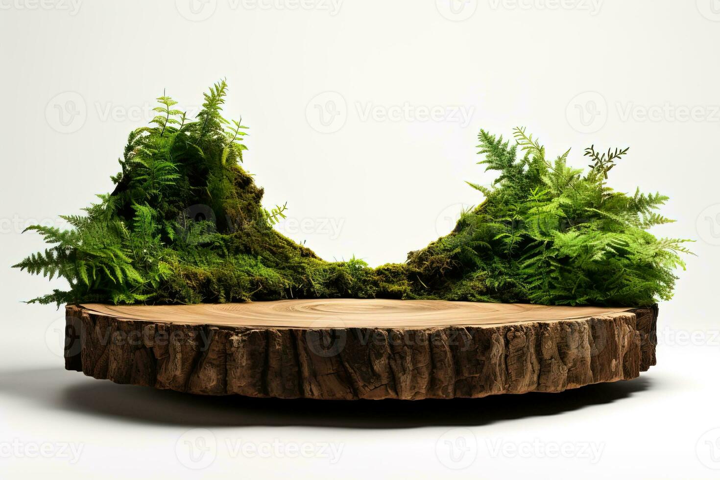 natuurlijk groot leeg houten stomp podium met mos en varens Aan wit achtergrond. promotionele Product mockup foto