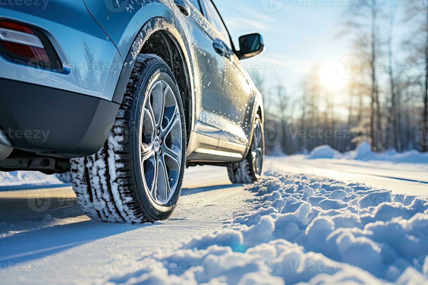 kant visie Aan een grijs auto met winter banden Aan een besneeuwd weg foto