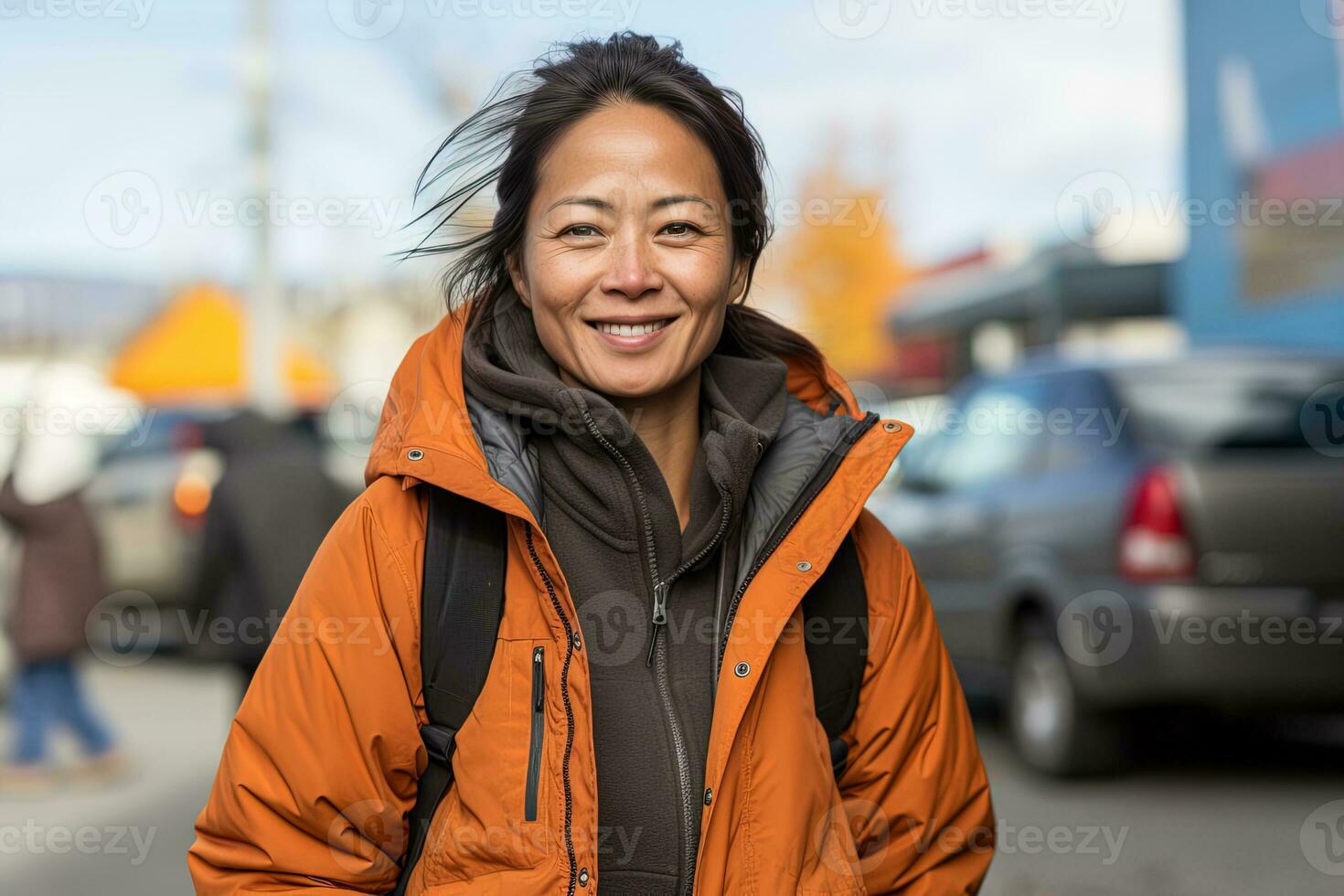 Aziatisch vrouw in oranje jasje en grijs fleece capuchon glimlachen Aan herfst zonnig stad straat. foto