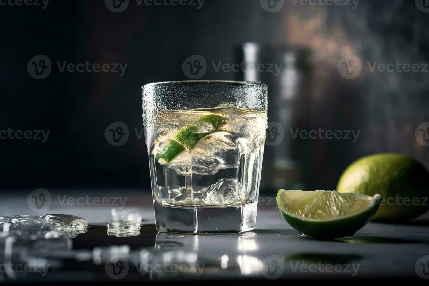 tequila, gin, rum of wodka met limoen in een oud fashioned glas Aan een wazig achtergrond van een bar teller foto