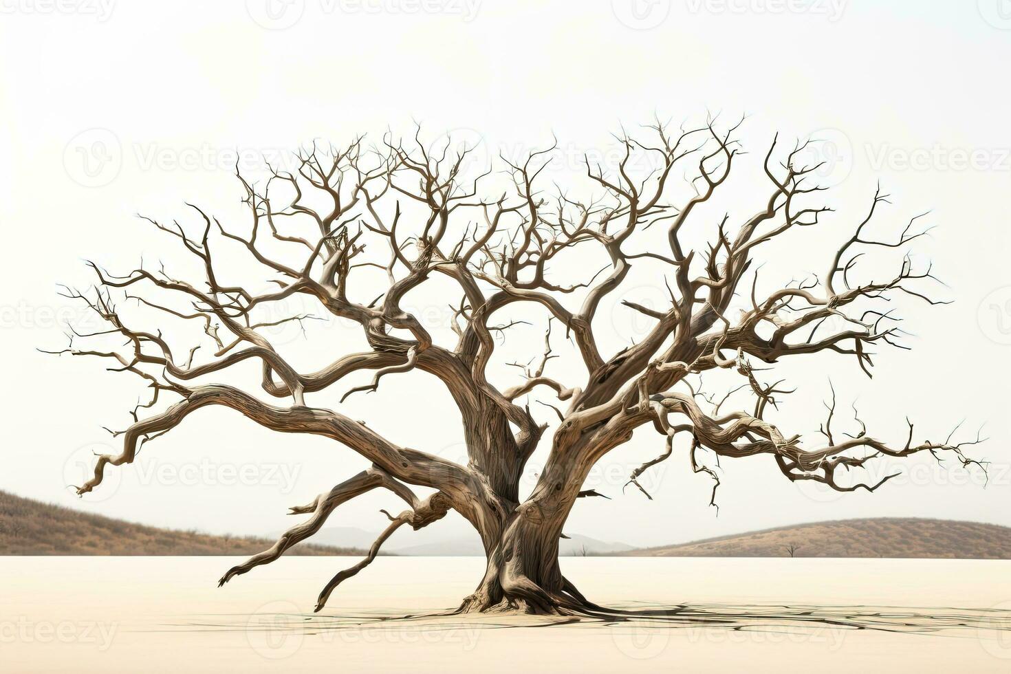 droog boom zonder bladeren in de woestijn geïsoleerd Aan wit achtergrond foto