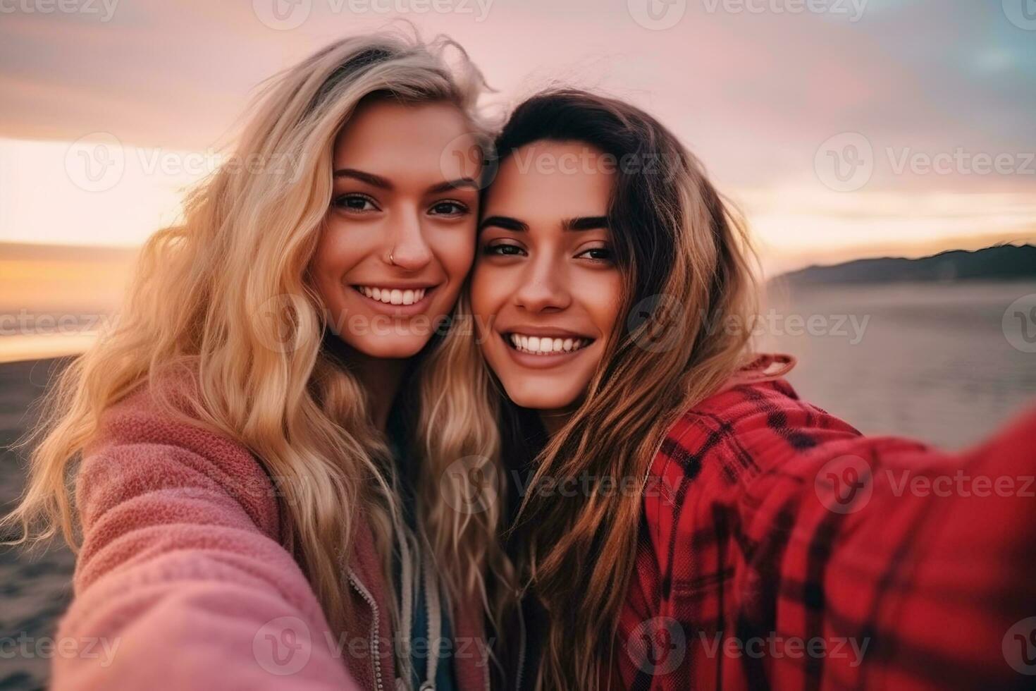 twee mooi charmant jong Dames nemen een selfie Aan de kust. lgbtq plus paar of het beste vrienden, generatief ai foto