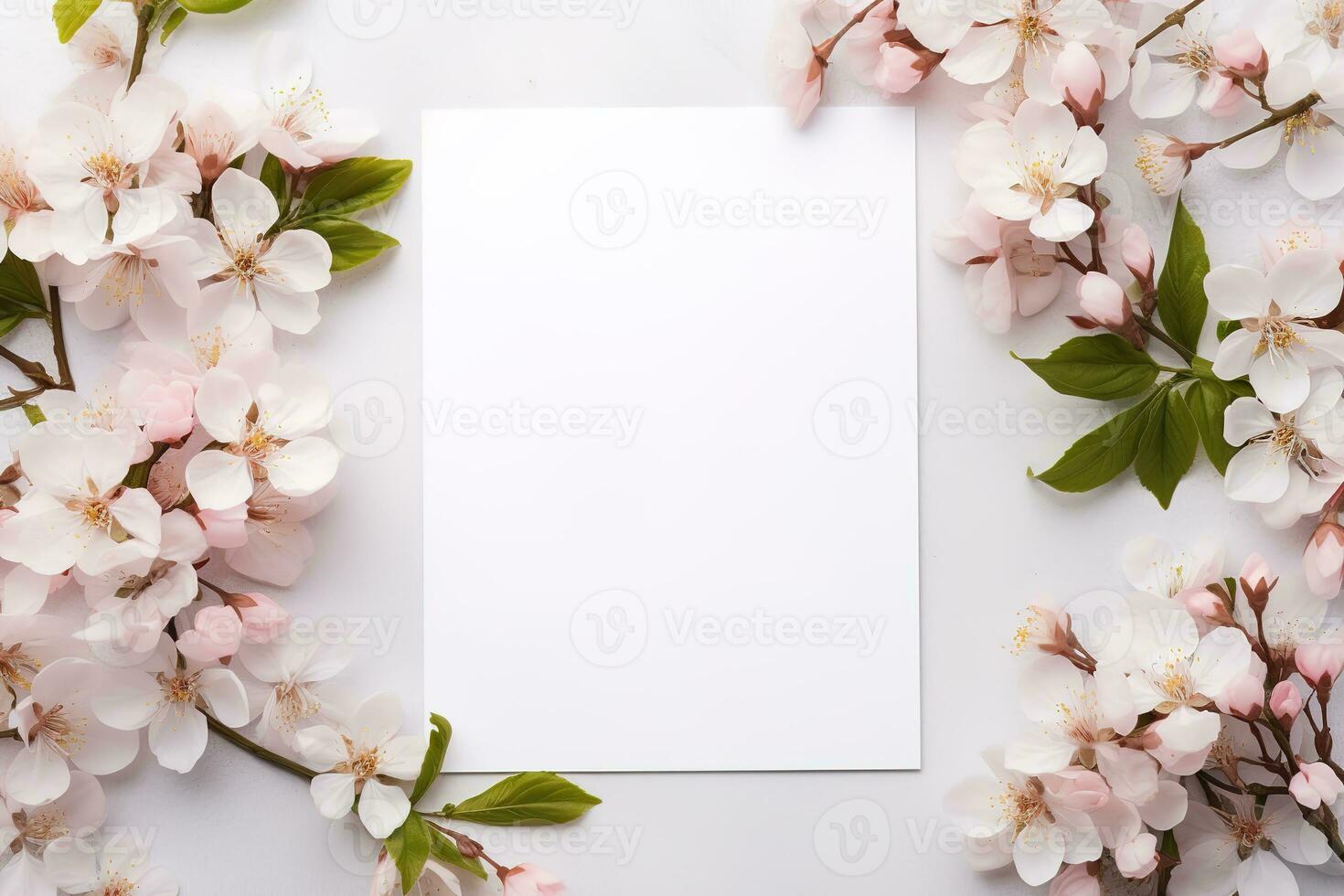 mooi bloem achtergrond mockup wit blanco rechthoekig kaart omringd door kers bloesems foto