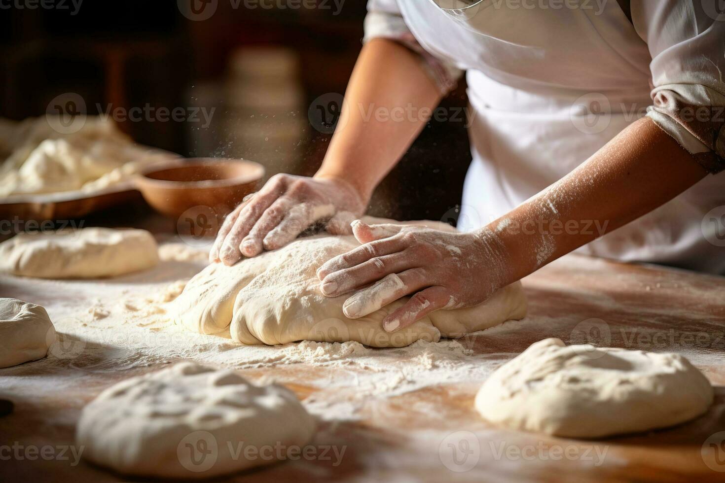 detailopname van een vrouw chef-kok handen maken deeg Aan de tafel in een keuken overstroomd met zonlicht foto