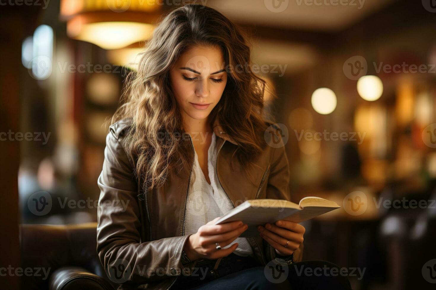 brunette vrouw lezing een boek in bibliotheek.wazig achtergrond foto