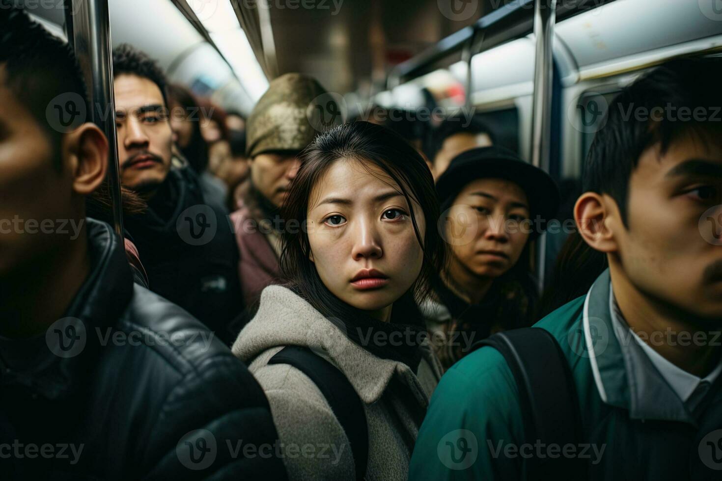 verdrietig moe Aziatisch vrouw in een druk metro trein tussen een menigte van mensen foto