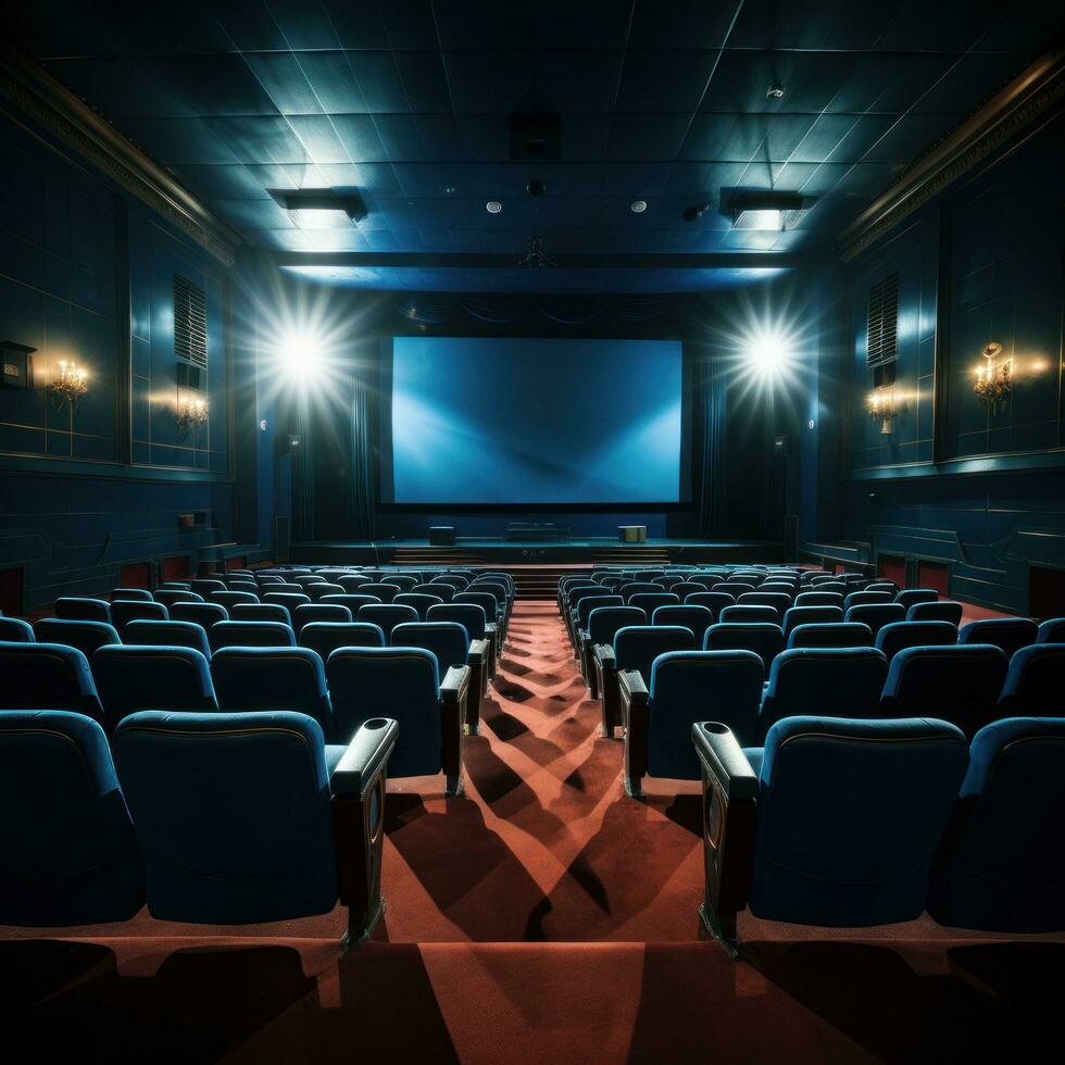 bioscoop stoelen met spotlight en blanco scherm foto