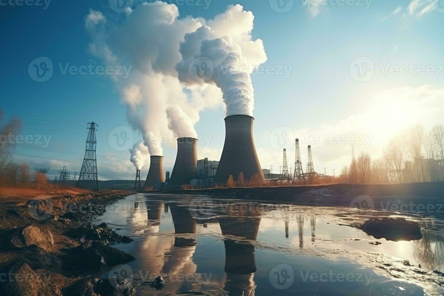 groot macht fabriek of fabriek vervuilend de natuur. ecologie concept landschap foto