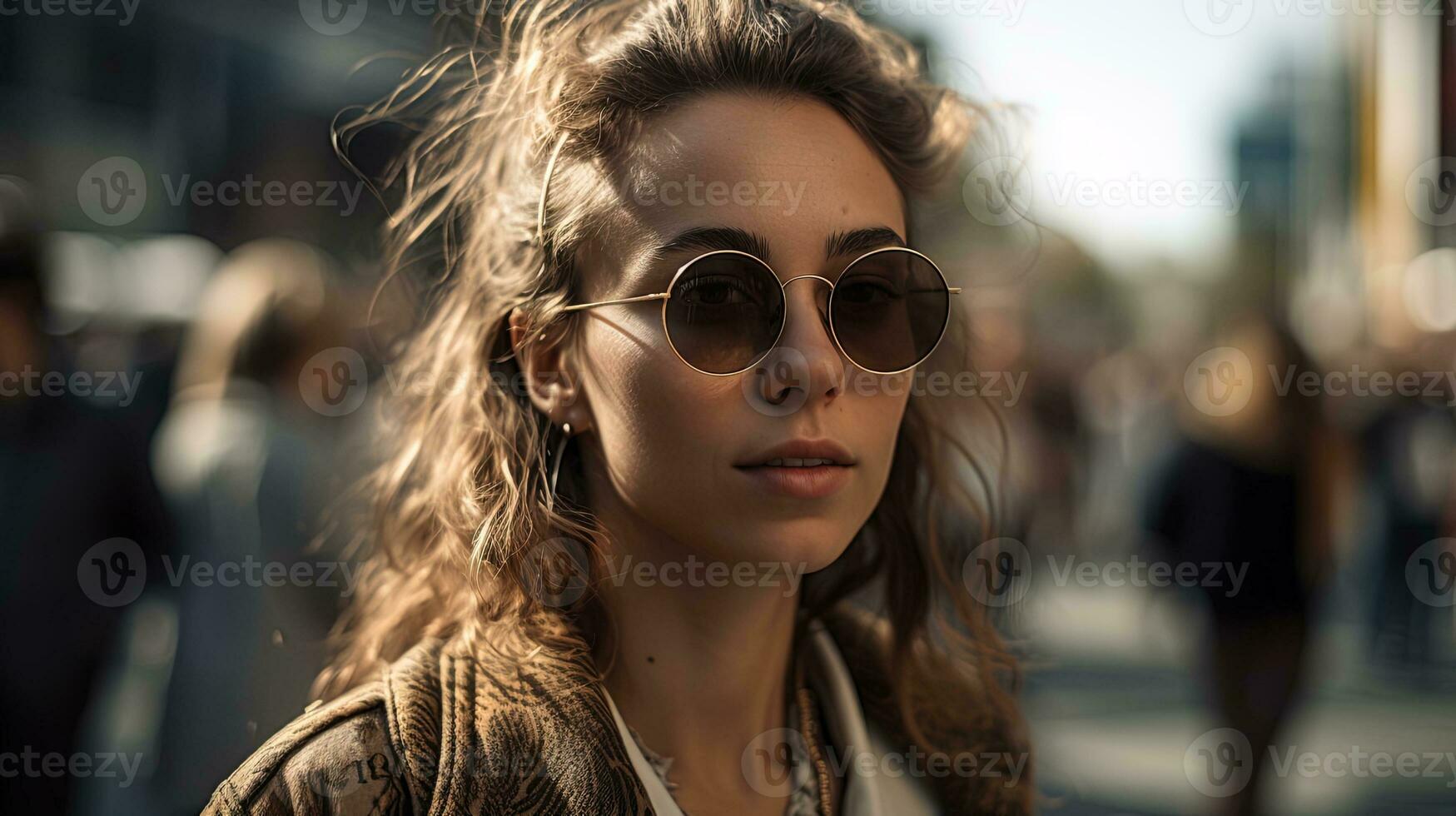 straat portret van jong elegant brunette vrouw in ronde zonnebril Aan wazig straat achtergrond foto