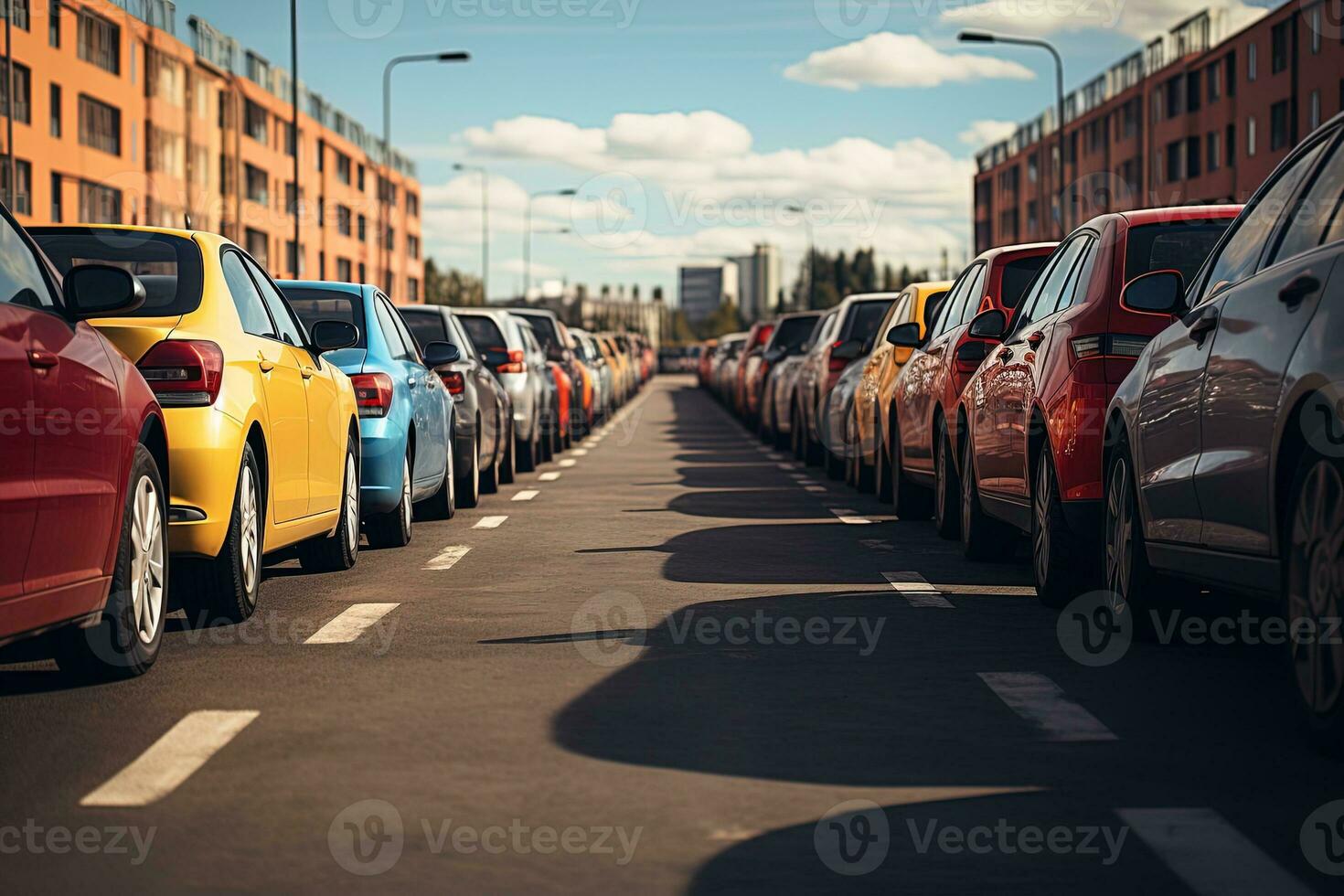 veel kleurrijk auto's staan in een lijn in de parkeren veel van een auto dealerschap. foto