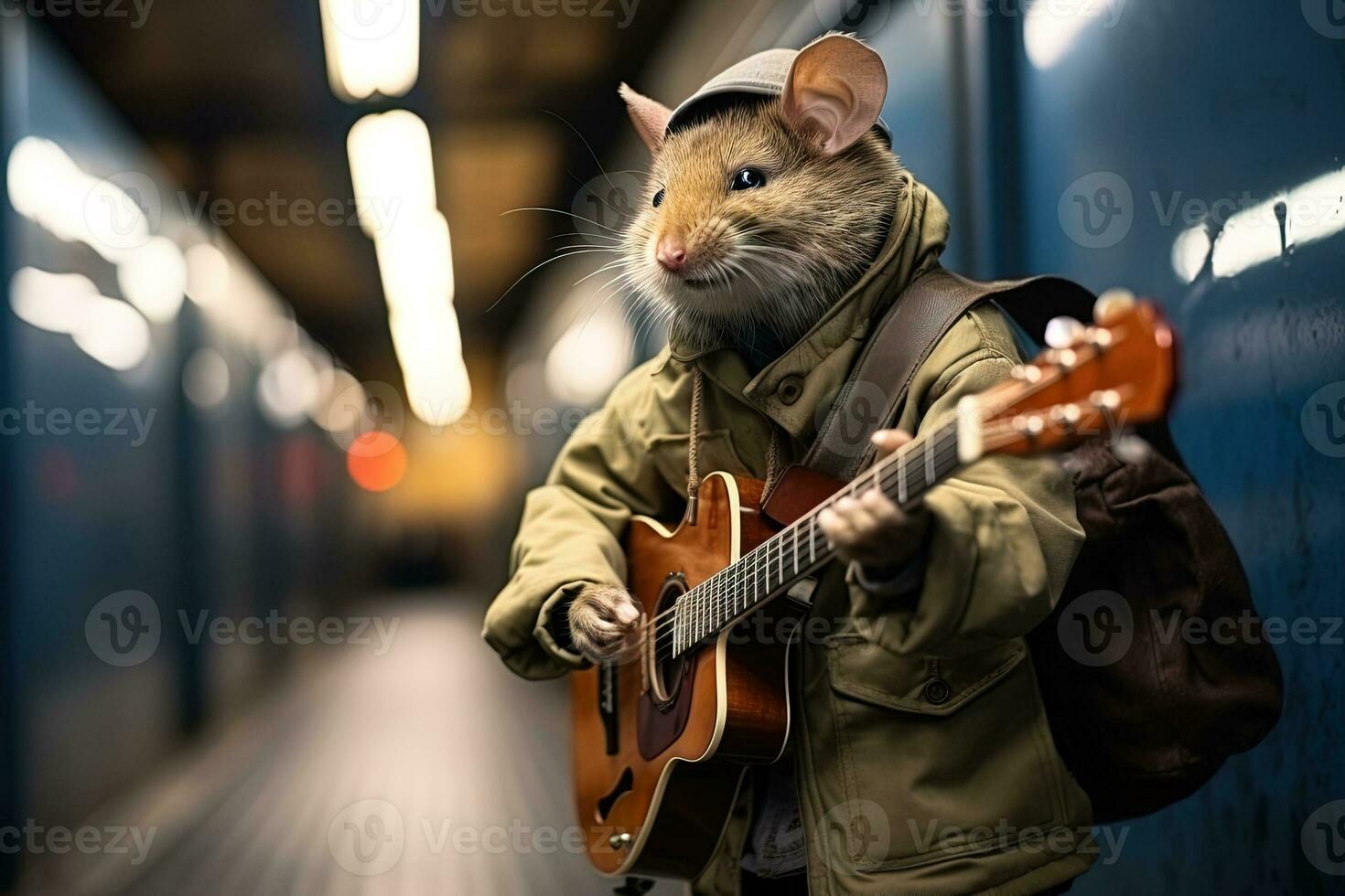 abstract fantasie beeld van een antropomorf muis gitarist in een groen jasje en klimop pet spelen muziek- in een onderdoorgang foto