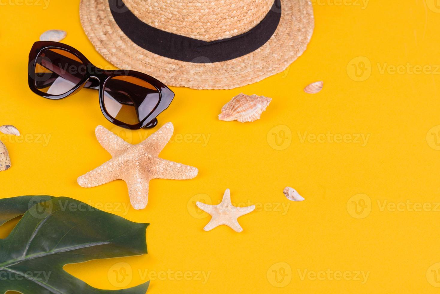 bril en hoed met schelpen en zeesterren op een gekleurde achtergrond colored foto