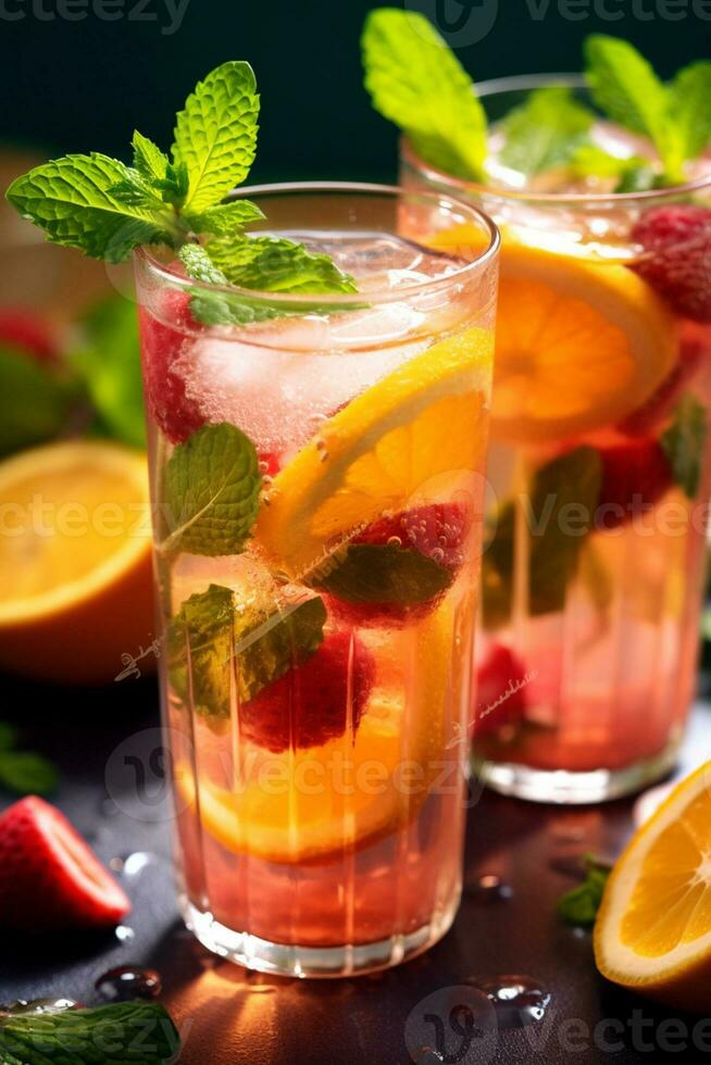 verfrissend drinken in een glas met oranje en munt Aan een houten bord Aan een wit achtergrond detailopname generatief ai foto