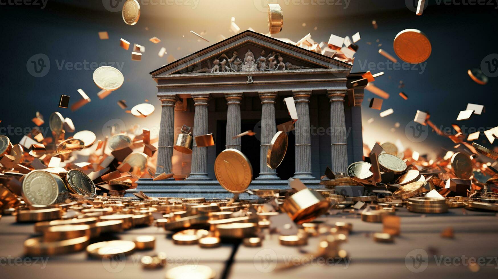 gouden Brits pond teken breekt een oude bank gebouw in helften. 3d illustratie van de concept van de gevolg en crisis van vallend prijs van uk sterling generatief ai foto