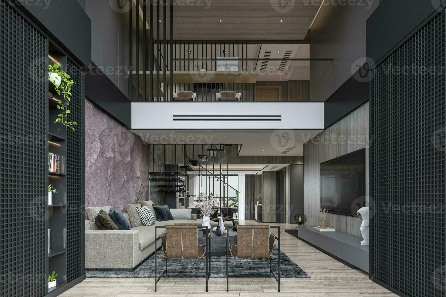 industrieel chique Bij haar beste elegant leven kamer interieur ontwerp in een zolder met 3d renderen foto