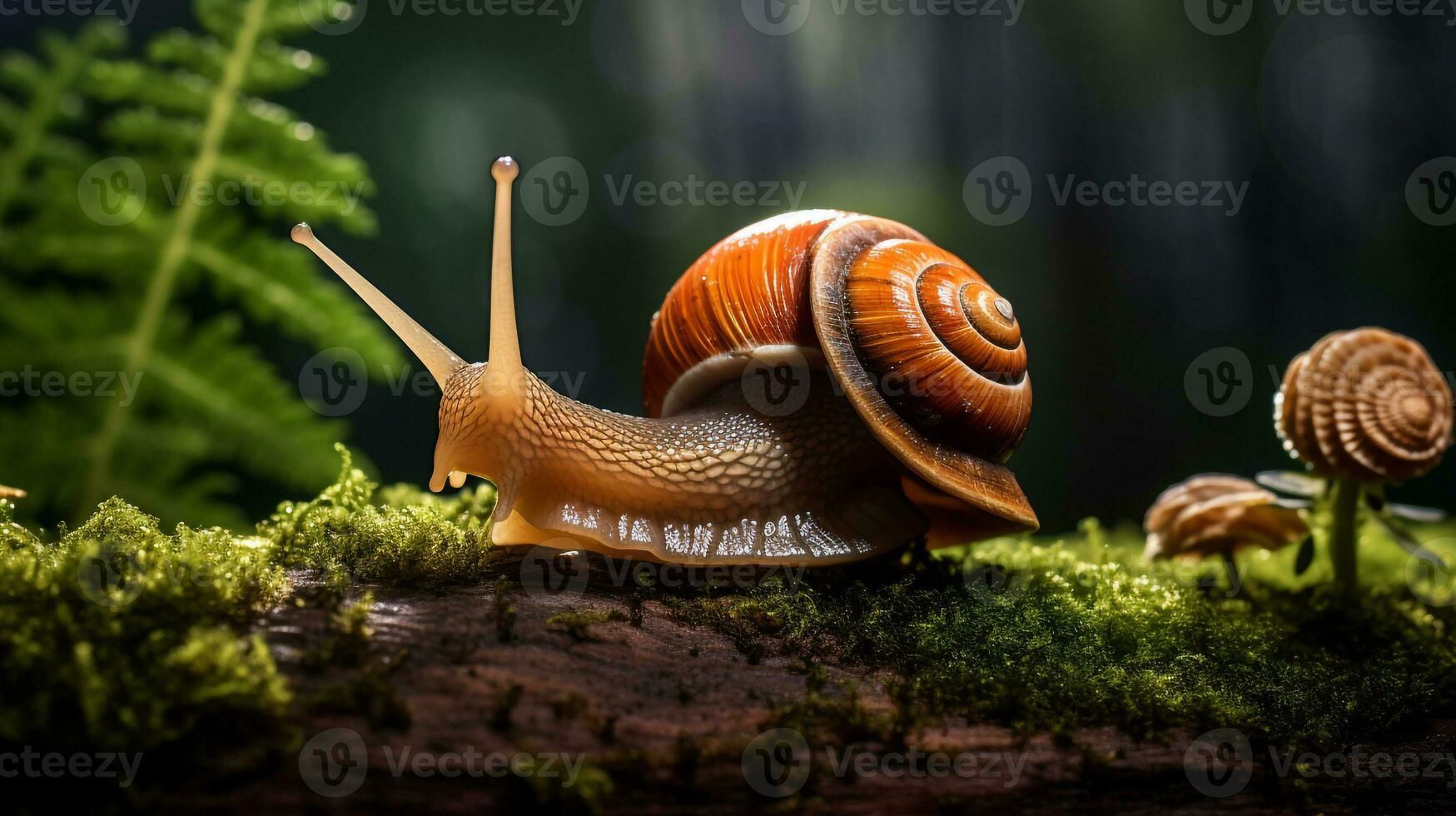 macro foto van slak Aan bemost hout in regenachtig Woud ai generatief