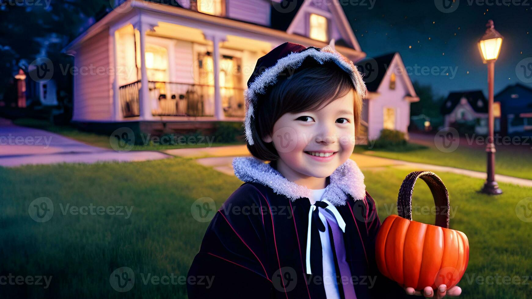 weinig jongen vervelend halloween kostuum Holding pompoen staand in voorkant van huis.. generatief ai. foto