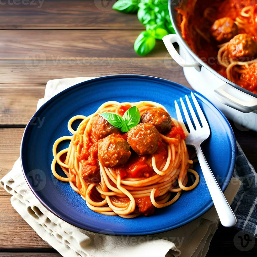 spaghetti met tomaat saus en gehaktballen in een bord Aan een houten tafel. generatief ai. foto