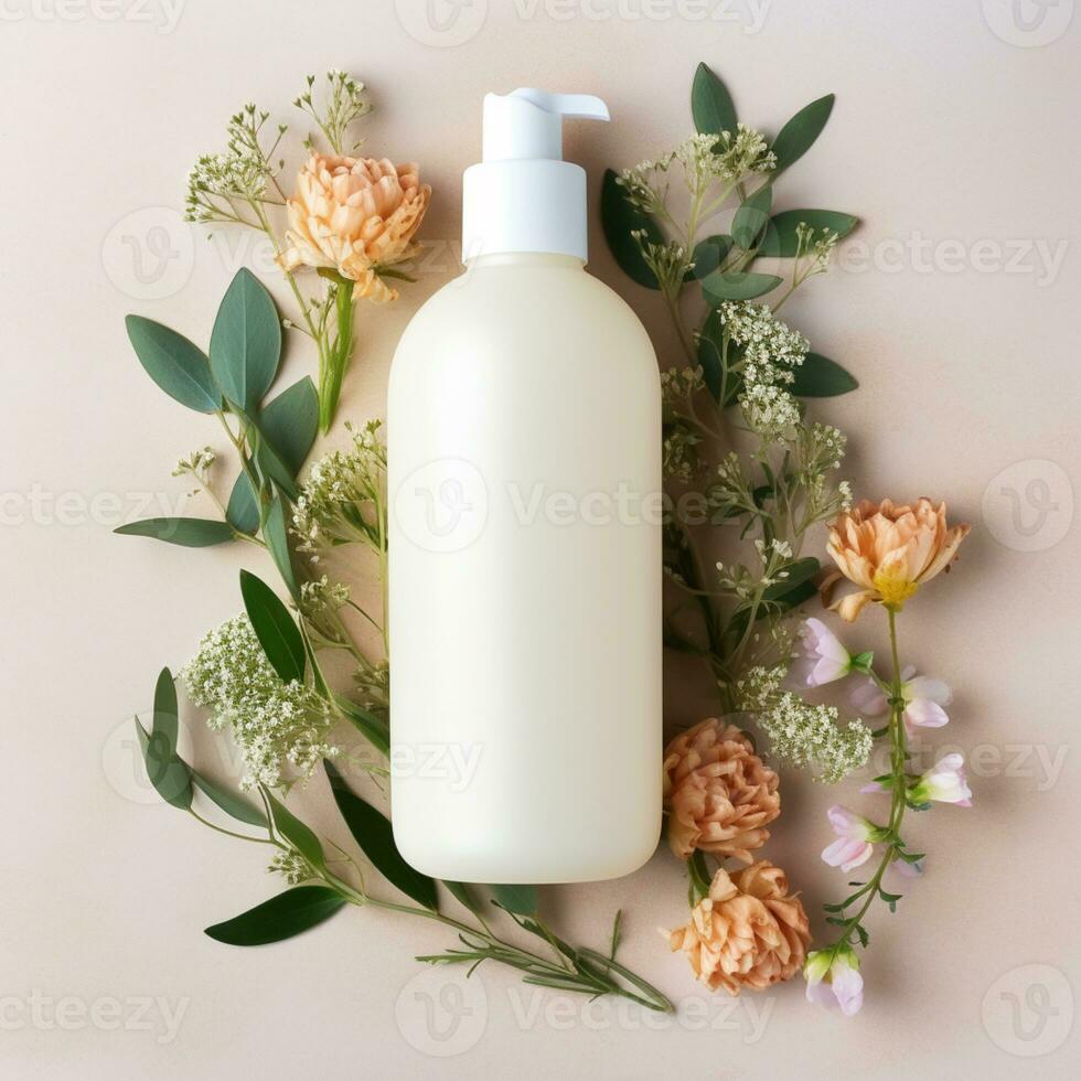 huid zorg Product fles, shampoo, lotion, met neurale achtergrond ai generatief foto