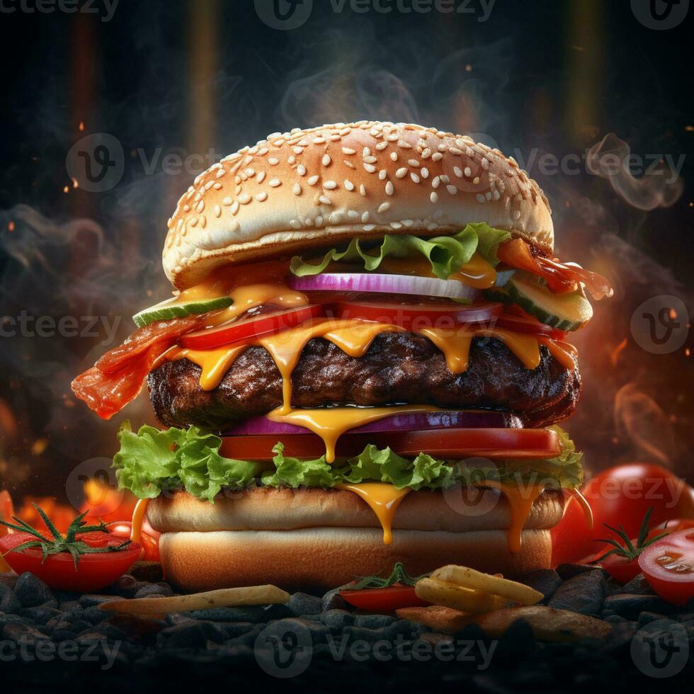 gegrild rundvlees hamburger met kaas en tomaat ai generatief foto