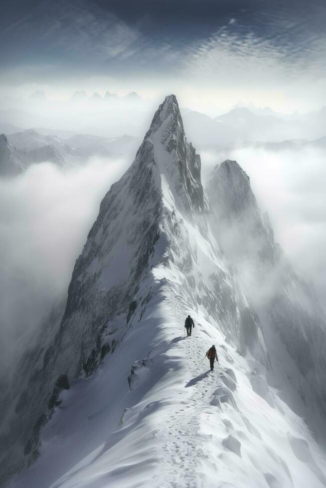 Mens Aan top van berg, wandelen door wolken, ai generatief foto