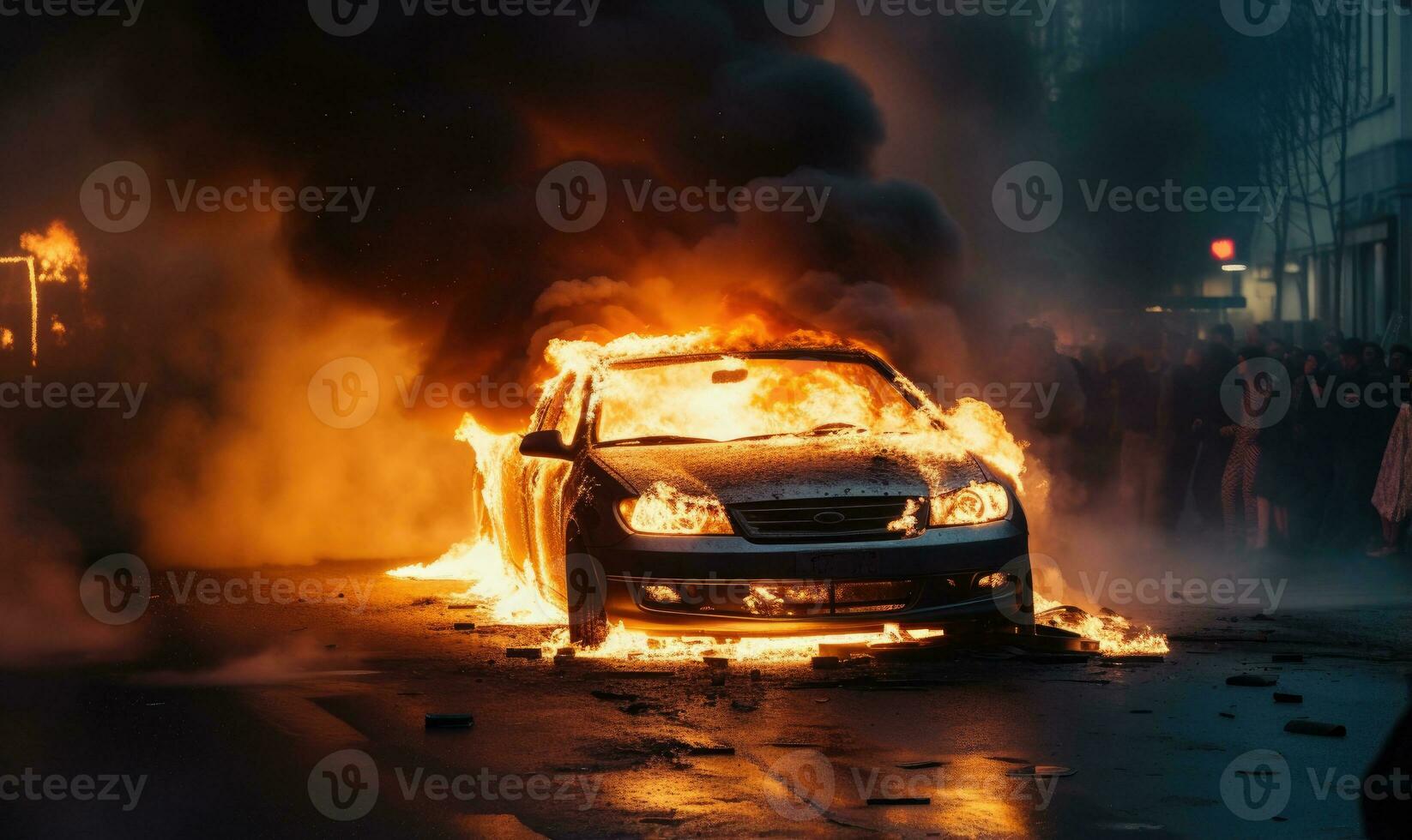 brandend auto emitting dik rook Aan een straat. gemaakt met ai foto