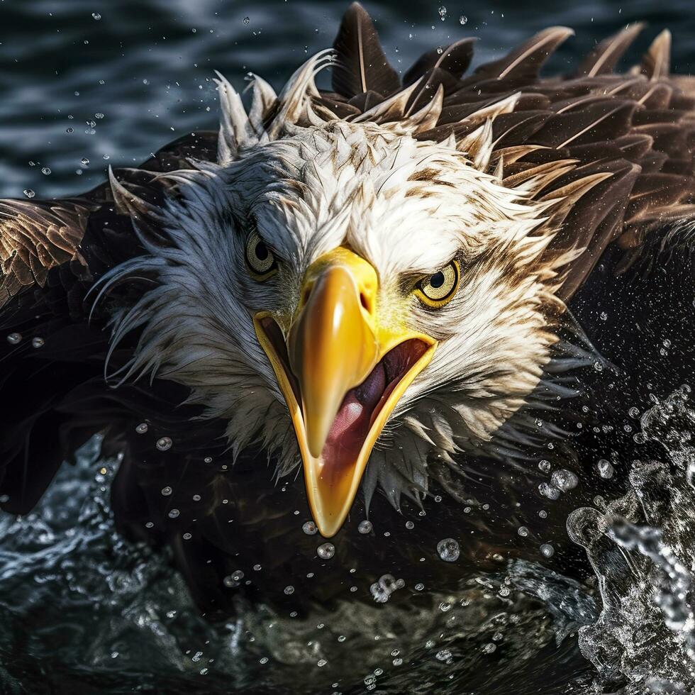 visvangst kaal adelaar, een kaal adelaar geconfronteerd camera vangsten een vis uit van de water, in de stijl van nationaal geografisch wedstrijd winnaar, super telefoto dichtbij omhoog. ai generatief foto