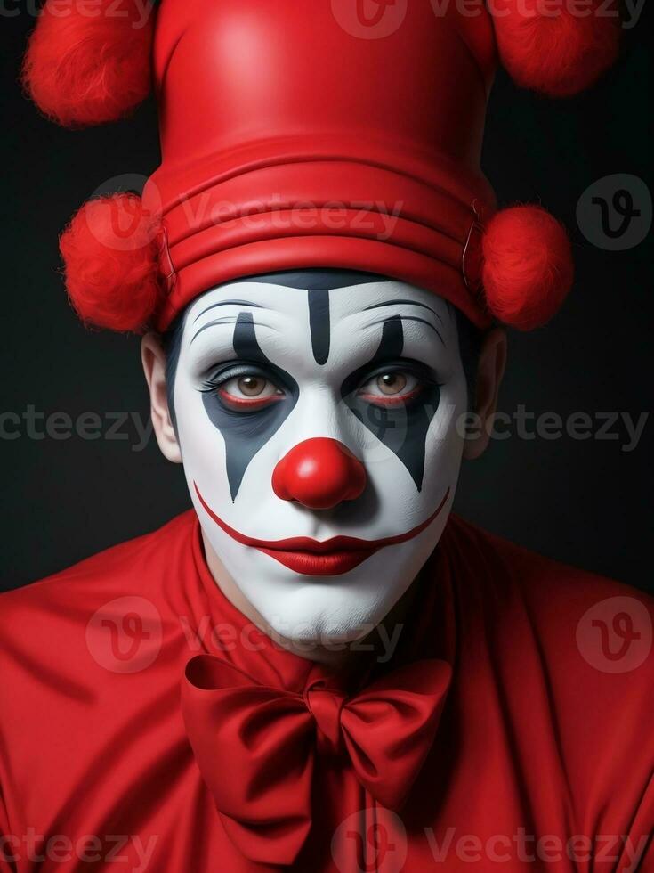 mime Mens rood, geel, groente, roze, blauw en kleurrijk verf gezicht sportief ventilator clown circus portret kunst, ai gegenereerd foto