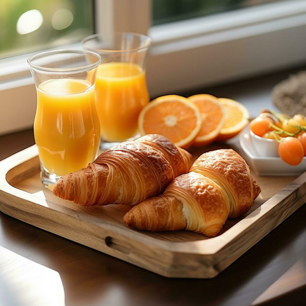 ontbijt dienblad met croissants en oranje sap foto