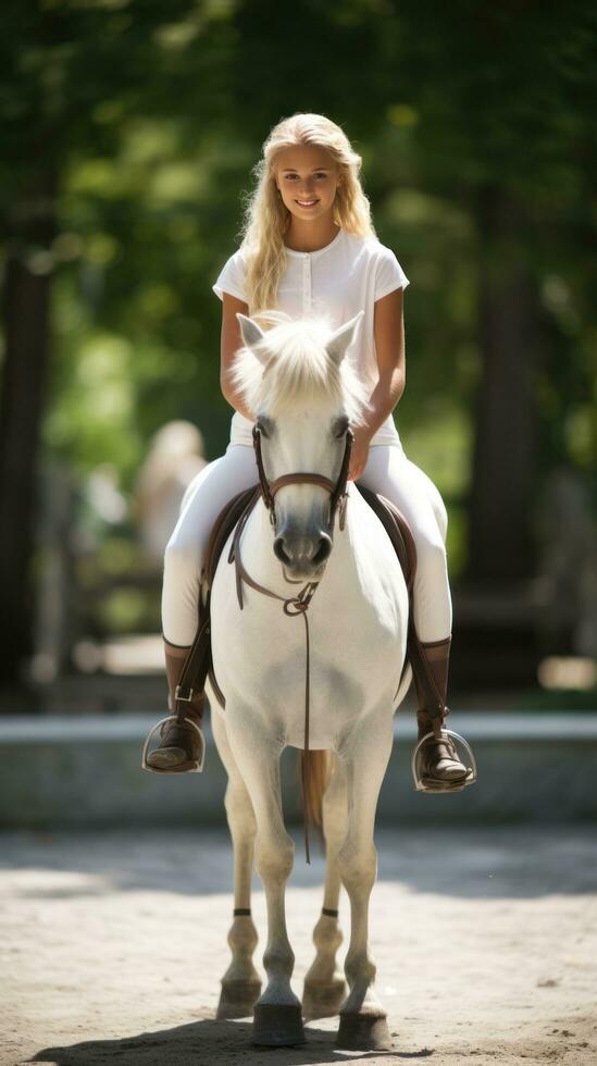 een meisje het uitvoeren van een dressuur routine- met haar hobby paard foto