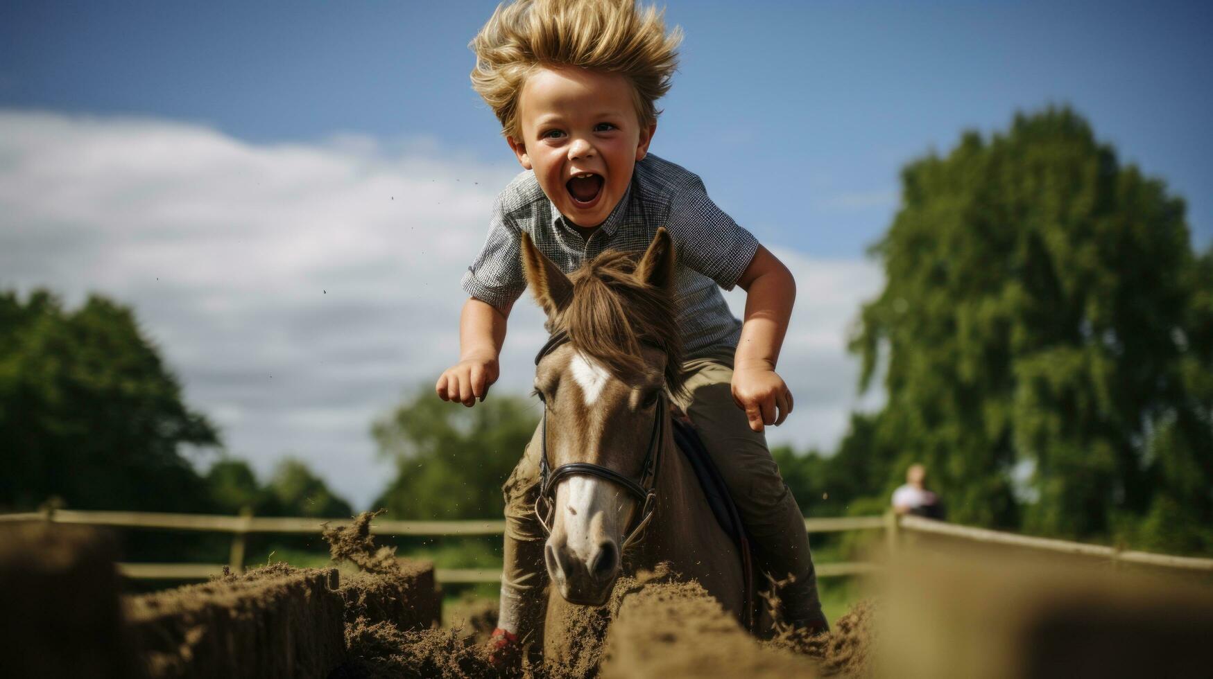 een jongen jumping over- een horde met zijn hobby paard foto