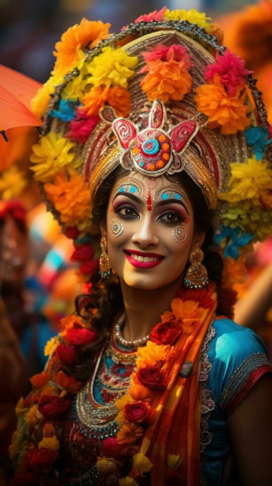 kleurrijk paraplu's en kostuums vullen de straten Bij Mumbai carnaval in Indië foto