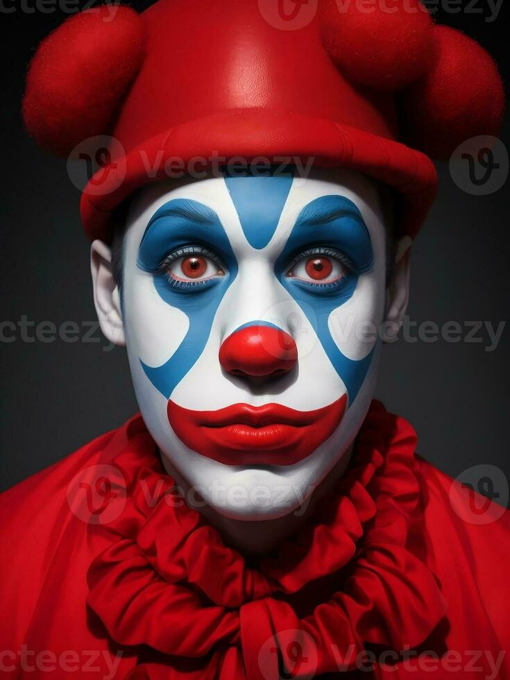 mime Mens rood, geel, groente, roze, blauw en kleurrijk verf gezicht sportief ventilator clown circus portret kunst, ai gegenereerd foto